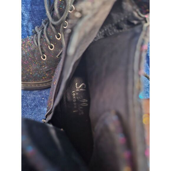 Anthropologie black Suede Glitter Combat Boots Zip Lace Strap W 9 EU 40 - Picture 9 of 10